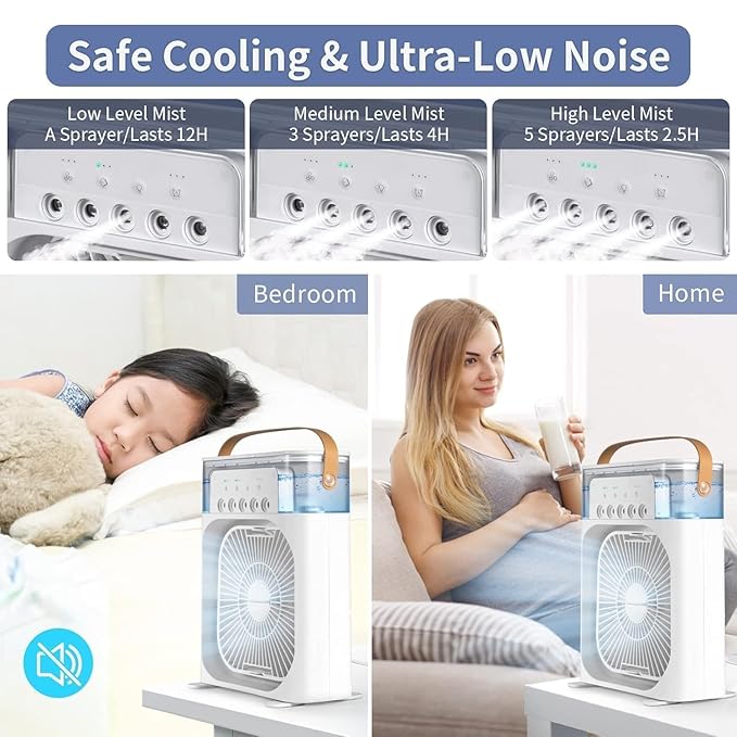 Mini Humidifier Mini Cooler Fan for Room Cooler  (Multicolor). USB Powered Mini Desktop Cooling Fan,1 | 2 | 3 Timer 3 Speeds, 360°Adjustment for Office, Home, Room, Desk Tank less Home-Kitchen Water