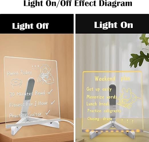 3D Acrylic Writing Board with Pen & Light, LED, Rewritable Acrylic Message board with stand, Dry Erase Board with 14 Pen for Note/Message/Memo for Home, Offices