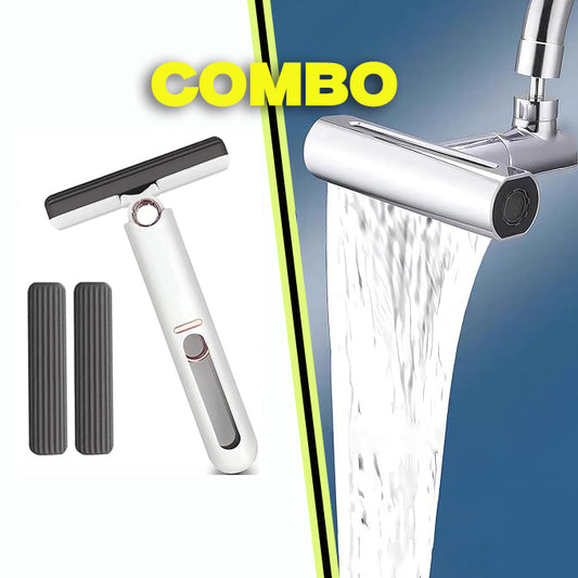 Combo - 4 in 1 - 360° Waterfall Kitchen Faucet Extender  + Mini Portable Mop for Kitchen, Floor, Glass, Car & More
