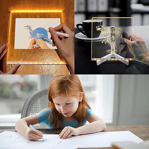 3D Acrylic Writing Board with Pen & Light, LED, Rewritable Acrylic Message board with stand, Dry Erase Board with 14 Pen for Note/Message/Memo for Home, Offices
