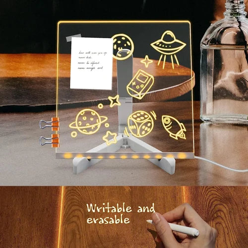 3D Acrylic Writing Board with Pen & Light, LED, Rewritable Acrylic Message board with stand, Dry Erase Board with 14 Pen for Note/Message/Memo for Home, Offices